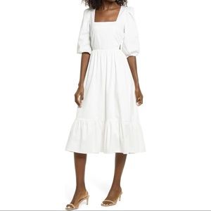 WAYF Ivory Puff Sleeve Cut Out Midi Dress